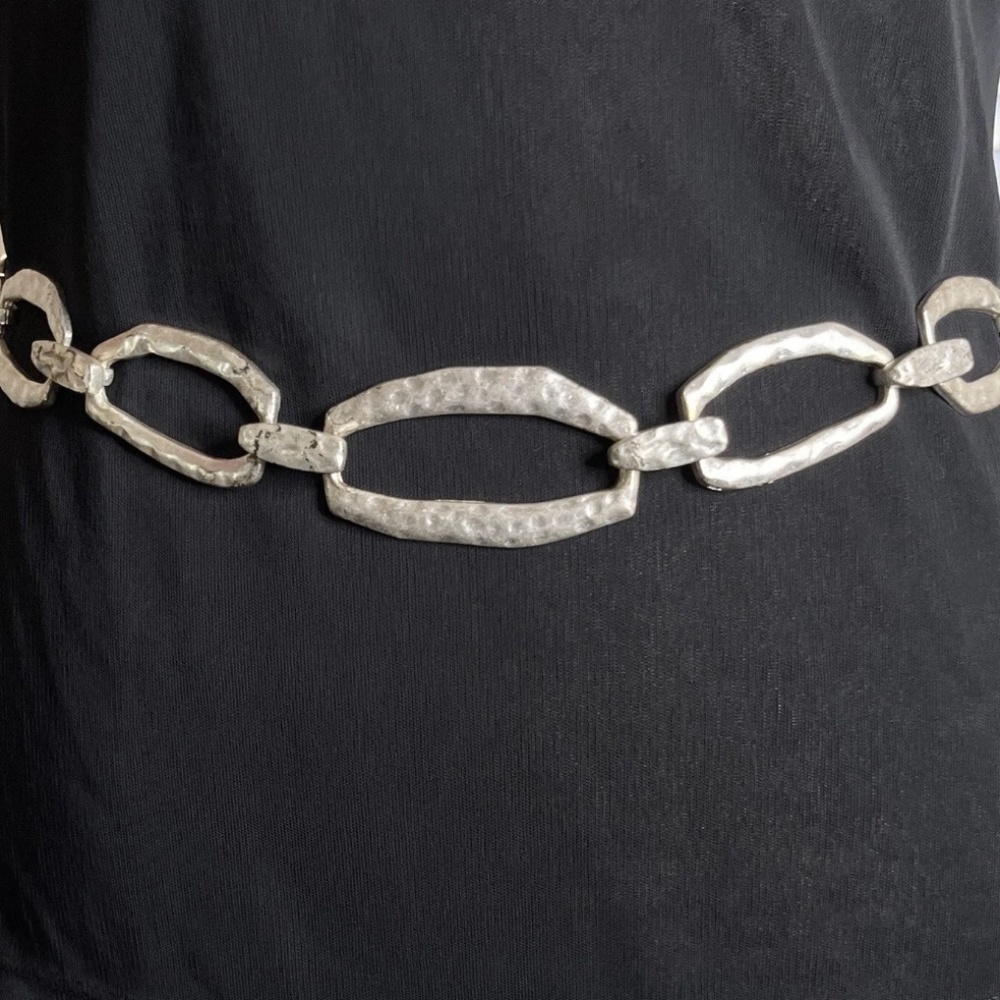 Chicos Silver Chain Belt L XL Adjustable Hammered Metal Fashion Hip Belt